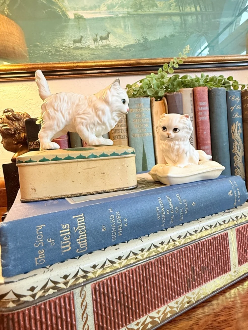 Vintage White Ceramic Kitten on Pillow Figurine with Mama Cat